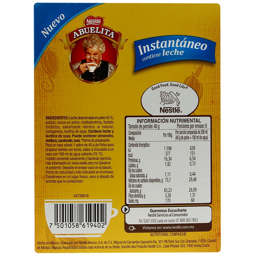Chocolate Abuelita instantaneo caja 6 sobres de 40 gr lagranbodega